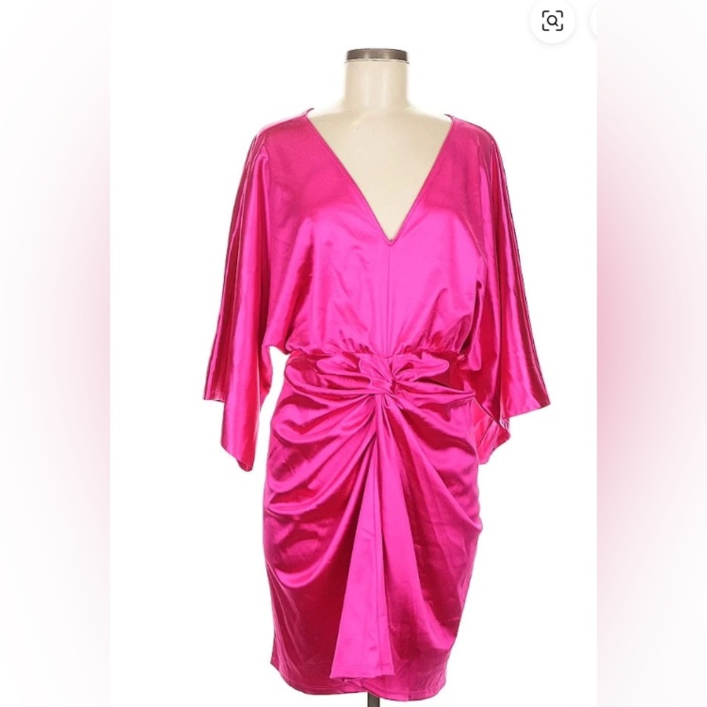 EXPRESS Vibrant Pink Satin Dress  V-Neck Twist front - HOT PINK SIZE MEDIUM